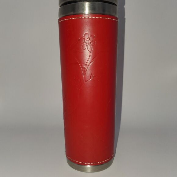 Starbucks Stainless Steel Thermos 2004 Mug Red Leather Floral Sleeve 12oz - Picture 6 of 14